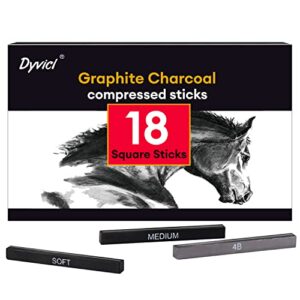 dyvicl compressed graphite charcoal sticks, square black white charcoal for sketching, drawing, shading, blending, pack of 18