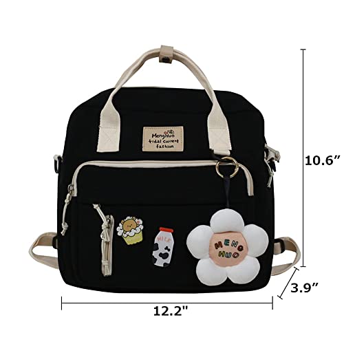 Tonecy Japanese Backpacks for Teen Girls for Middle School, Kawaii Backpack with Pins Kawaii School Backpack Cute Aesthetic Rucksack (Black 31x10x27cm)