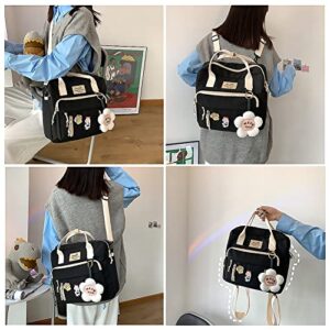 Tonecy Japanese Backpacks for Teen Girls for Middle School, Kawaii Backpack with Pins Kawaii School Backpack Cute Aesthetic Rucksack (Black 31x10x27cm)