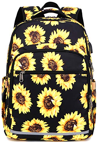 BLUBOON Backpack for Women 15.6 Inch Laptop Bookbag College School Backpack Girls Floral Schoolbag Compartment Daypack for Business Travel with USB Charging Port and Headphone Interface Sunflower