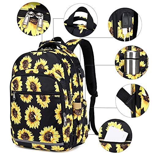 BLUBOON Backpack for Women 15.6 Inch Laptop Bookbag College School Backpack Girls Floral Schoolbag Compartment Daypack for Business Travel with USB Charging Port and Headphone Interface Sunflower