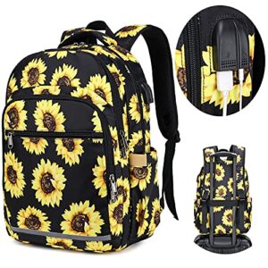 BLUBOON Backpack for Women 15.6 Inch Laptop Bookbag College School Backpack Girls Floral Schoolbag Compartment Daypack for Business Travel with USB Charging Port and Headphone Interface Sunflower