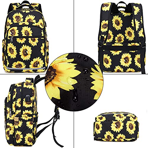 BLUBOON Backpack for Women 15.6 Inch Laptop Bookbag College School Backpack Girls Floral Schoolbag Compartment Daypack for Business Travel with USB Charging Port and Headphone Interface Sunflower