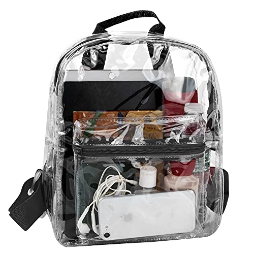 Water Resistant Clear Mini Backpacks for Beach, Travel - Stadium Approved Bag with Adjustable Straps (Black)