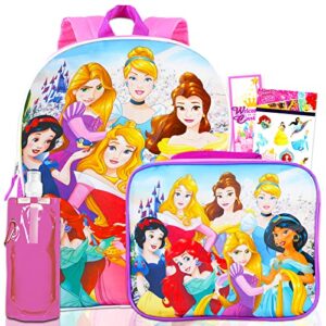 disney princess backpack and lunch box set – bundle with 16″ princess backpack, disney princess lunch bag, water bottle, princess stickers, more | princess backpack for girls