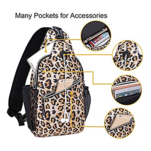 MOSISO Mini Sling Backpack,Small Hiking Daypack Pattern Travel Outdoor Sports Bag, Leopard Print