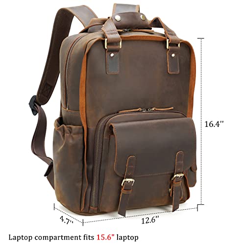 Polare Large Vintage Full Grain Italian Leather Backpack 15.6 Inch Laptop Bag Hiking Travel Rucksack for Men with Premium YKK Zippers Dark Brown