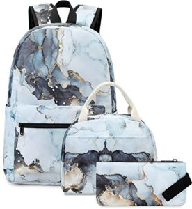 girls school backpack marble schoolbag laptop bookbag insulated lunch tote bag purse teens boys kids (marble 23- blue 3 piece)