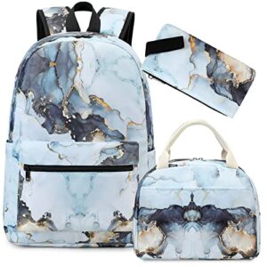 Girls School Backpack Marble Schoolbag Laptop Bookbag Insulated Lunch Tote Bag Purse Teens Boys Kids (Marble 23- Blue 3 piece)