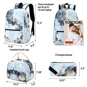 Girls School Backpack Marble Schoolbag Laptop Bookbag Insulated Lunch Tote Bag Purse Teens Boys Kids (Marble 23- Blue 3 piece)