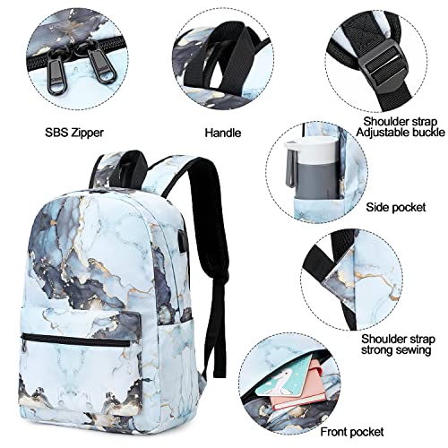 Girls School Backpack Marble Schoolbag Laptop Bookbag Insulated Lunch Tote Bag Purse Teens Boys Kids (Marble 23- Blue 3 piece)