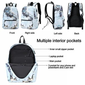 Girls School Backpack Marble Schoolbag Laptop Bookbag Insulated Lunch Tote Bag Purse Teens Boys Kids (Marble 23- Blue 3 piece)