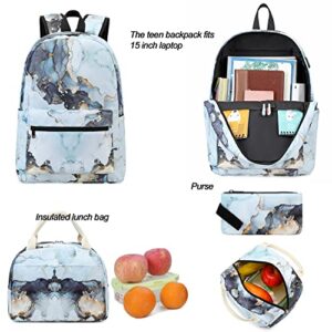 Girls School Backpack Marble Schoolbag Laptop Bookbag Insulated Lunch Tote Bag Purse Teens Boys Kids (Marble 23- Blue 3 piece)