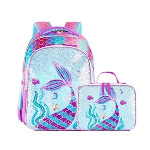 reversible sequin school backpack lightweight little kid book bag with lunch bag set for preschool kindergarten elementary (15″, mermaid with lunch bag)