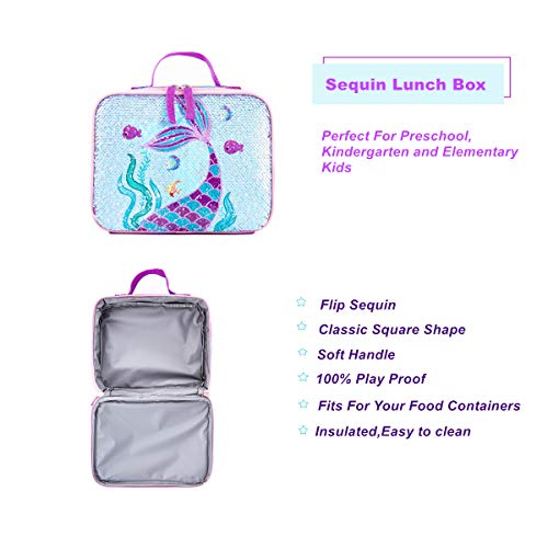 Reversible Sequin School Backpack Lightweight Little Kid Book Bag with Lunch Bag Set for Preschool Kindergarten Elementary (15", Mermaid with Lunch Bag)