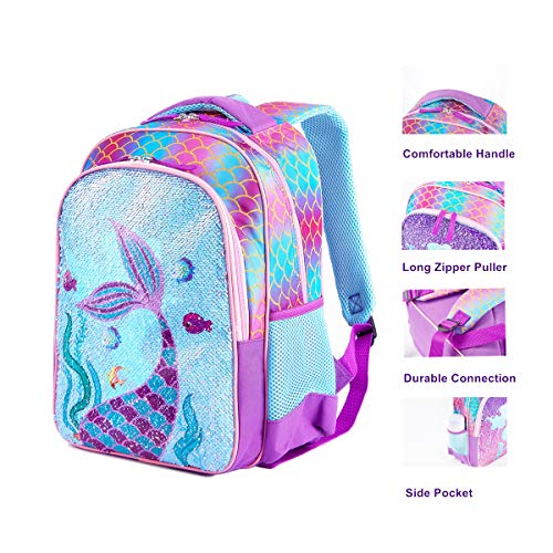 Reversible Sequin School Backpack Lightweight Little Kid Book Bag with Lunch Bag Set for Preschool Kindergarten Elementary (15", Mermaid with Lunch Bag)