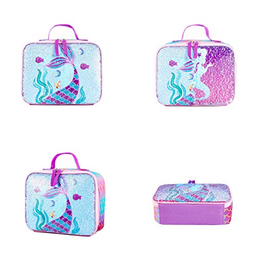 Reversible Sequin School Backpack Lightweight Little Kid Book Bag with Lunch Bag Set for Preschool Kindergarten Elementary (15", Mermaid with Lunch Bag)