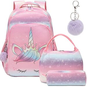 Unicorn Backpack for Girls School Backpack Glitter Rainbow Kids Backpack for Girls Bookbags 3 in 1 Set with Lunch Tote Pencil Bag