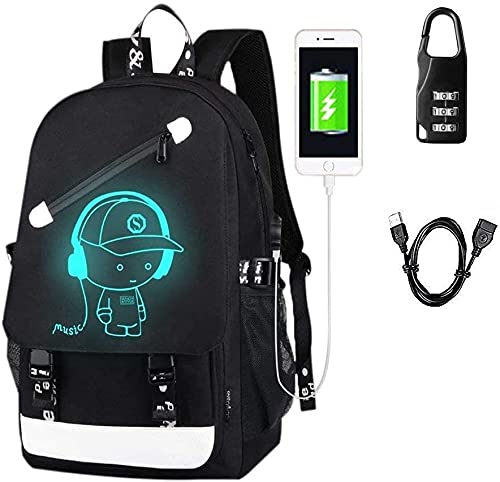 Anime Luminous Backpack Noctilucent School Bags Daypack USB chargeing port Laptop Bag Handbag For Boys Girls Men Women (Music boy 2)