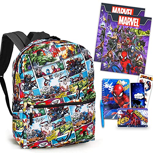 Marvel Avengers Backpack Set Boys Girls Kids -- 7 Pc Bundle With Avengers Superhero School Bag, Folders, Pencil Container, Stickers and More (Marvel School Supplies)