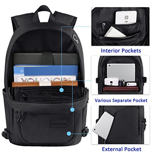YOREPEK Slim Laptop Backpack, Anti Theft Backpack with USB Charging Port, Travel Durable College Bookbag Daypack, Water Resistant School Book Bag Fit 15.6 inch Laptops, Nice gift for Men Women, Black