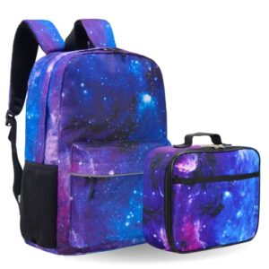 Fenrici Kids' Backpack with Lunch Box Gift Set for Boys and Girls, School Bag with Laptop Compartment and Insulated Lunch Bag, Galaxy Purple