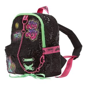 that girl laylay mini backpack purse for girls, 10 inch, sequin material with lace up grommet details & appliqued patches, adjustable shoulder straps, light weight travel bag for kids