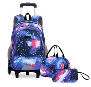 mfikaryi 3pcs galaxy print rolling backpack,starry sky print wheel backpack,kids trolley school bags with 6 wheels