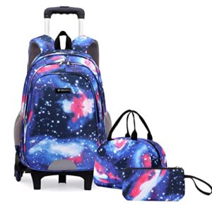 Mfikaryi 3Pcs Galaxy Print Rolling Backpack,Starry Sky Print Wheel Backpack,Kids Trolley School Bags with 6 Wheels