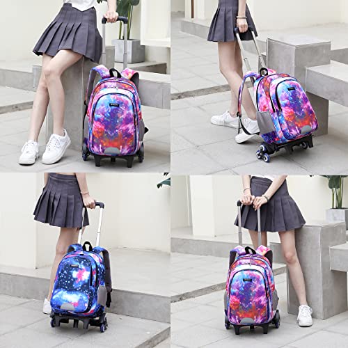 Mfikaryi 3Pcs Galaxy Print Rolling Backpack,Starry Sky Print Wheel Backpack,Kids Trolley School Bags with 6 Wheels