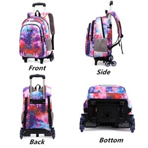 Mfikaryi 3Pcs Galaxy Print Rolling Backpack,Starry Sky Print Wheel Backpack,Kids Trolley School Bags with 6 Wheels