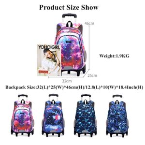 Mfikaryi 3Pcs Galaxy Print Rolling Backpack,Starry Sky Print Wheel Backpack,Kids Trolley School Bags with 6 Wheels