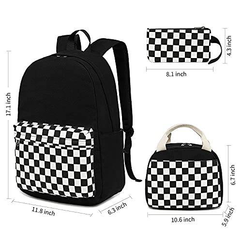 CAMTOP School Backpack Canvas Laptop Backpack Teens Bookbag Set Lunch Bag Pencil Case for Girls Boys(Checkerboard Black)