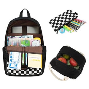 CAMTOP School Backpack Canvas Laptop Backpack Teens Bookbag Set Lunch Bag Pencil Case for Girls Boys(Checkerboard Black)