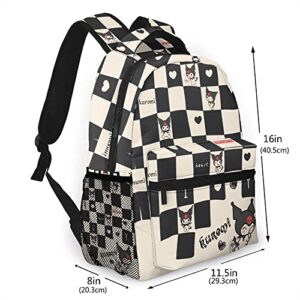 EVESKY Kawaii Backpack For Girls Women Anime Backpacks Black White Checker Bookbag Lightweight Cute Travel Bag