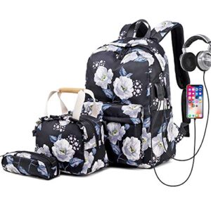 lmeison black floral backpack with lunch box, cute school bag for teen girls waterproof, flower laptop backpack for middle school high school college, kids bookbag set women casual daypack for travel