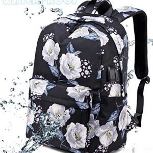 Lmeison Black Floral Backpack with Lunch Box, Cute School Bag for Teen Girls Waterproof, Flower Laptop Backpack for Middle School High School College, Kids Bookbag Set Women Casual Daypack for Travel