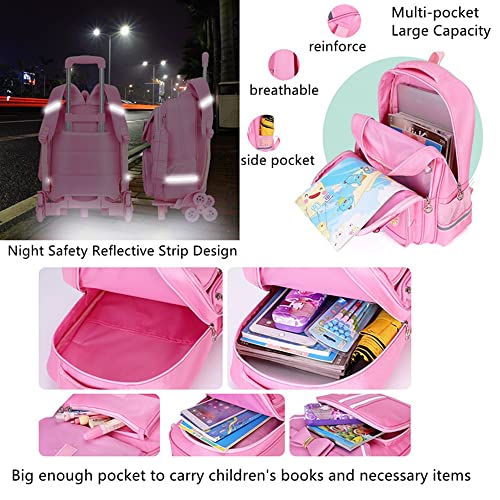 3Pcs Rolling Backpack for Girls Cute Bowknot Students Bookbags Primary Schoolbag Trolley Bags Wheeled Backpack Kids Carry-On Luggage with Lunch Bag&Pencil Case