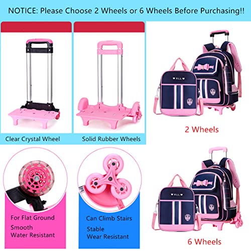 3Pcs Rolling Backpack for Girls Cute Bowknot Students Bookbags Primary Schoolbag Trolley Bags Wheeled Backpack Kids Carry-On Luggage with Lunch Bag&Pencil Case