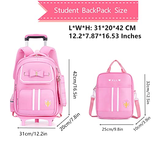 3Pcs Rolling Backpack for Girls Cute Bowknot Students Bookbags Primary Schoolbag Trolley Bags Wheeled Backpack Kids Carry-On Luggage with Lunch Bag&Pencil Case