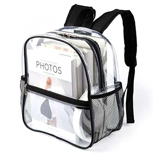 Keepcross Stadium Approved Clear Backpack 12x12x6 for Festival Games Sporting Events Concerts,Small Clear Mini Backpack with Reinforced Straps for Women Girls Men,Black