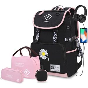 backpack for teen girls, 4-in-1 school backpack for girls women female, kids bookbag/lunch box/pencil case/coin purse, bag set for primary junior middle high school college, with usb, headphone ports