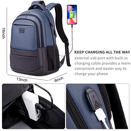 QinVi Travel Laptop Backpack College School Book Bag With USB Charging Port Durable Waterproof Anti Theft Computer 15.6inch Backpacks Fits Gifts For Youth Men & Women Blue