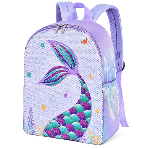 WERNNSAI Mermaid Kids Backpack - Sparkly Sequins School Backpack for Little Kids Girls Preschool Kindergarten Elementary 15” Lightweight Hiking Travel Casual Book Bag