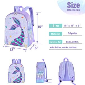 WERNNSAI Mermaid Kids Backpack - Sparkly Sequins School Backpack for Little Kids Girls Preschool Kindergarten Elementary 15” Lightweight Hiking Travel Casual Book Bag