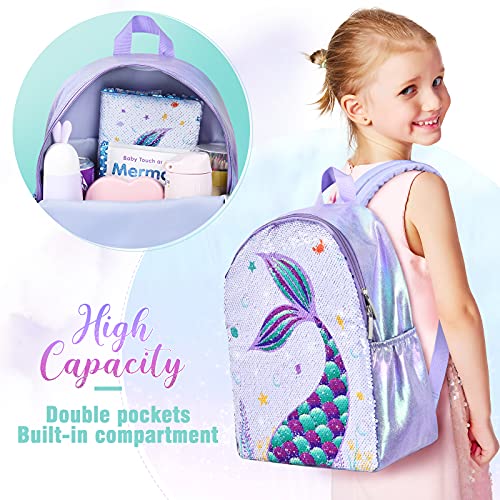 WERNNSAI Mermaid Kids Backpack - Sparkly Sequins School Backpack for Little Kids Girls Preschool Kindergarten Elementary 15” Lightweight Hiking Travel Casual Book Bag