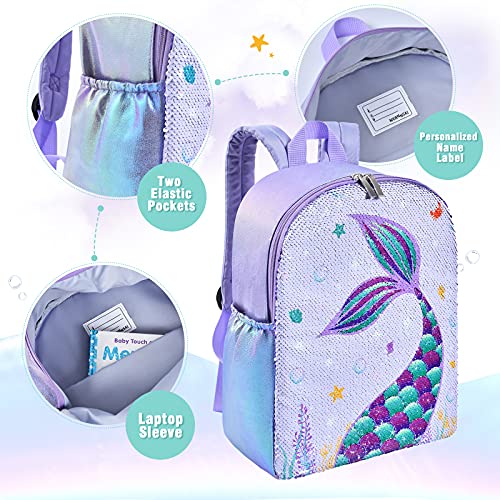 WERNNSAI Mermaid Kids Backpack - Sparkly Sequins School Backpack for Little Kids Girls Preschool Kindergarten Elementary 15” Lightweight Hiking Travel Casual Book Bag