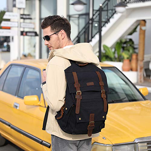 Kattee Men’s Leather Canvas Backpack Large School Bag Travel Rucksack Black