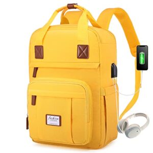 lovevook laptop backpack for women girls, 15.6 inch anti-theft computer backpack with usb charging port, water resistant student school bookbag nurse cute bag with lock, yellow