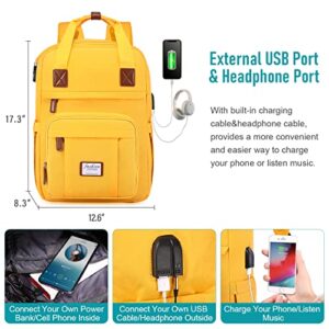 LOVEVOOK Laptop Backpack for Women Girls, 15.6 Inch Anti-Theft Computer Backpack with USB Charging Port, Water Resistant Student School Bookbag Nurse Cute Bag with Lock, Yellow